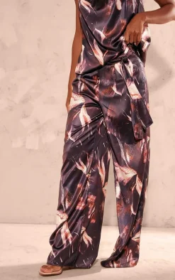Chocolate Printed Satin Tailored Belted Wide Leg Pants