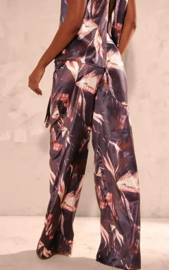 Chocolate Printed Satin Tailored Belted Wide Leg Pants