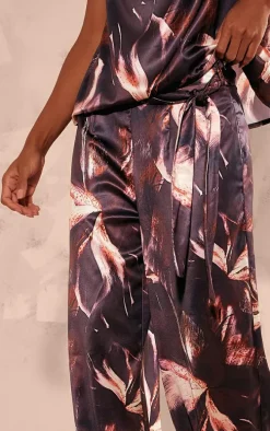 Chocolate Printed Satin Tailored Belted Wide Leg Pants