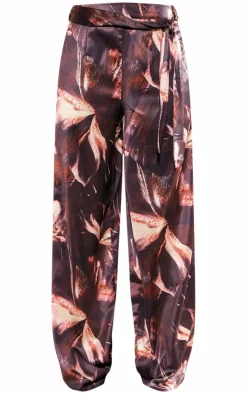 Chocolate Printed Satin Tailored Belted Wide Leg Pants