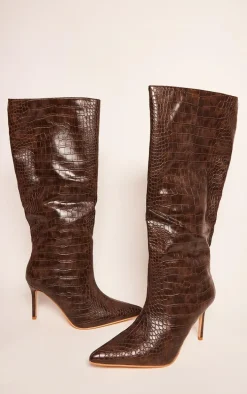 Chocolate PU Croc Detail Point Toe Stiletto Heeled Knee Boots