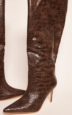 Chocolate PU Croc Detail Point Toe Stiletto Heeled Knee Boots