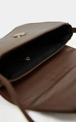 Chocolate PU Flap Over Baguette Shoulder Bag