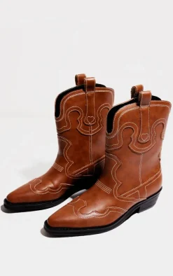 Chocolate Pu Point Toe Ankle Western Boots