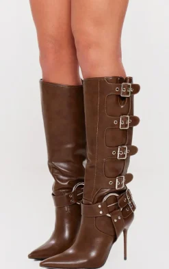 Chocolate PU Point Toe Buckle Detail Knee High Heeled Boots