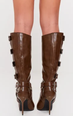 Chocolate PU Point Toe Buckle Detail Knee High Heeled Boots