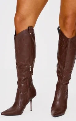 Chocolate PU Point Toe Distressed Western Stiletto Heeled Knee High Boots