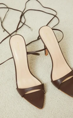 Chocolate PU Point Toe Lace Up High Heeled Sandals