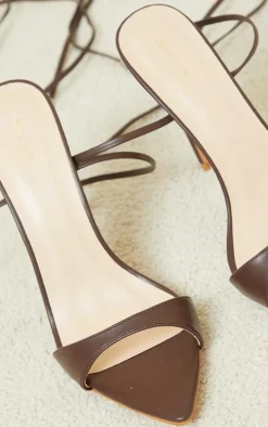 Chocolate PU Point Toe Lace Up High Heeled Sandals