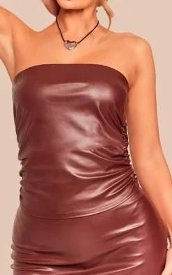 Chocolate Pu Ruched Side Detail Longline Bandeau