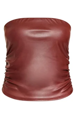 Chocolate Pu Ruched Side Detail Longline Bandeau