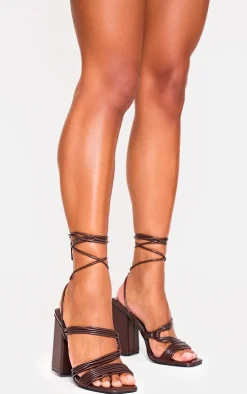 Chocolate Pu Square Toe Strappy Lace Up Block Heeled Sandals