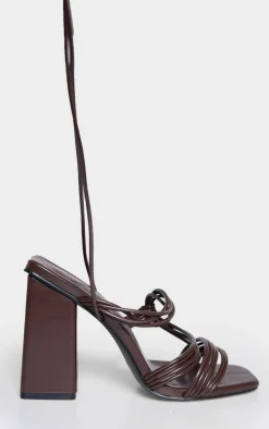 Chocolate Pu Square Toe Strappy Lace Up Block Heeled Sandals
