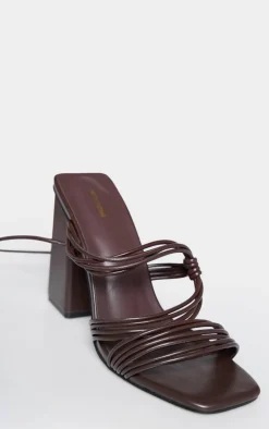 Chocolate Pu Square Toe Strappy Lace Up Block Heeled Sandals