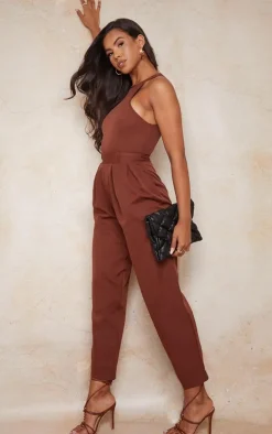 Chocolate Racer Back Pocket Detail Jumpsuit