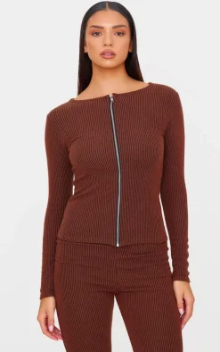 Chocolate Rib Longline Zip Up Top