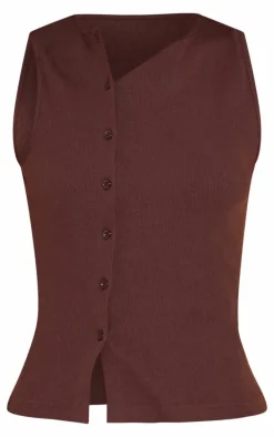 Chocolate Ribbed Asymmetric Button Detail Vest Top