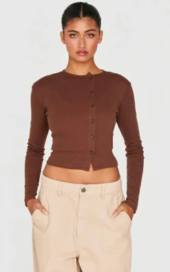 Chocolate Ribbed Aysmmetric Button Down Fitted Long Sleeve Top