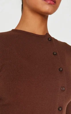 Chocolate Ribbed Aysmmetric Button Down Fitted Long Sleeve Top