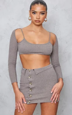 Chocolate Ribbed Cut Out Waist Button Detail Bodycon Dress