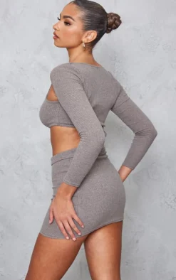 Chocolate Ribbed Cut Out Waist Button Detail Bodycon Dress