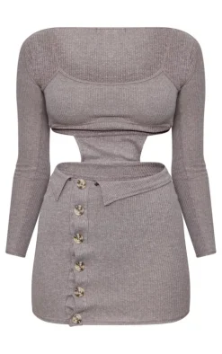 Chocolate Ribbed Cut Out Waist Button Detail Bodycon Dress