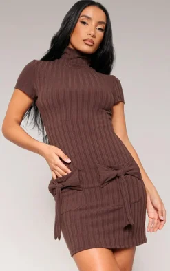 Chocolate Ribbed High Neck Bow Detail Bodycon Dress