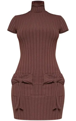 Chocolate Ribbed High Neck Bow Detail Bodycon Dress