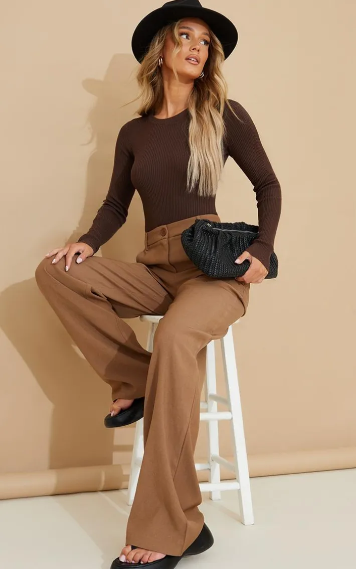 Chocolate Ribbed Knit Long Sleeve Bodysuit