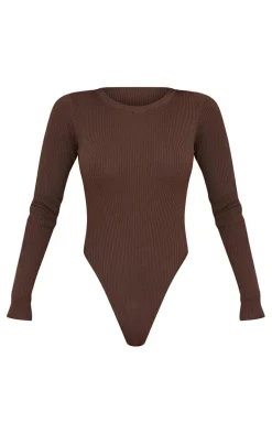 Chocolate Ribbed Knit Long Sleeve Bodysuit