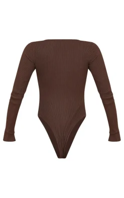 Chocolate Ribbed Knit Long Sleeve Bodysuit