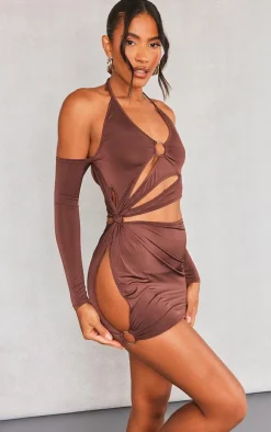 Chocolate Ring Detail Cut Out Long Sleeve Bodycon Dress