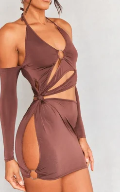 Chocolate Ring Detail Cut Out Long Sleeve Bodycon Dress