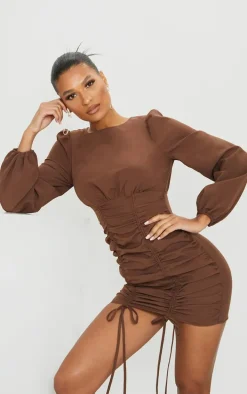 Chocolate Ruched Long Sleeve Bodycon Dress