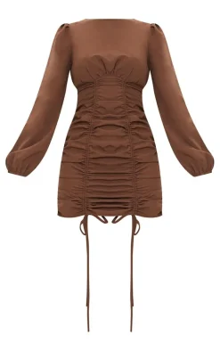 Chocolate Ruched Long Sleeve Bodycon Dress