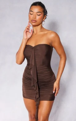 Chocolate Ruffle Ruched Detail Bandeau Bodycon Dress