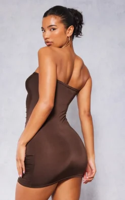 Chocolate Ruffle Ruched Detail Bandeau Bodycon Dress