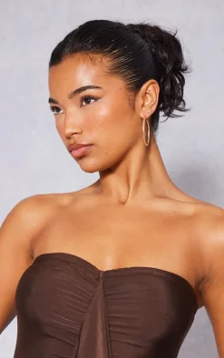 Chocolate Ruffle Ruched Detail Bandeau Bodycon Dress