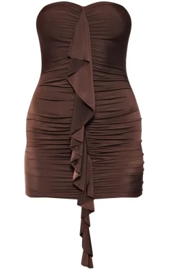 Chocolate Ruffle Ruched Detail Bandeau Bodycon Dress