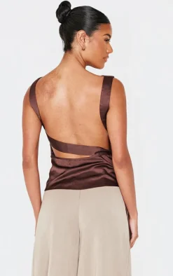 Chocolate Satin Backless Long Top