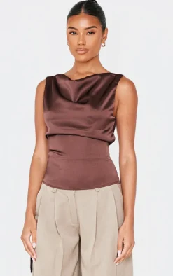 Chocolate Satin Backless Long Top