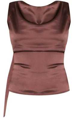 Chocolate Satin Backless Long Top