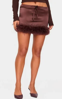 Chocolate Satin Drawstring Waist Detail Feather Hem Mini Skirt