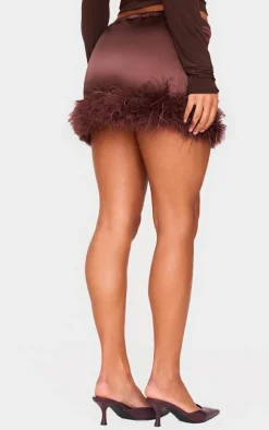 Chocolate Satin Drawstring Waist Detail Feather Hem Mini Skirt
