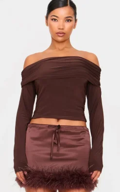 Chocolate Satin Drawstring Waist Detail Feather Hem Mini Skirt