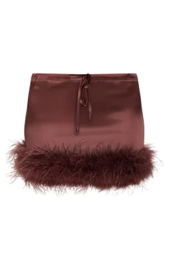 Chocolate Satin Drawstring Waist Detail Feather Hem Mini Skirt