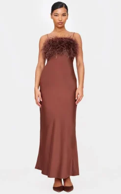 Chocolate Satin Feather Bust Detail Maxi Dress