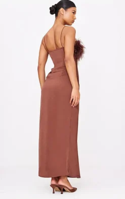 Chocolate Satin Feather Bust Detail Maxi Dress