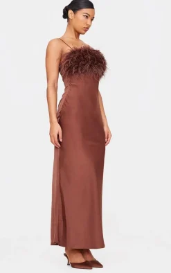 Chocolate Satin Feather Bust Detail Maxi Dress