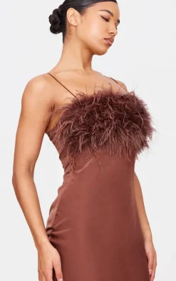 Chocolate Satin Feather Bust Detail Maxi Dress